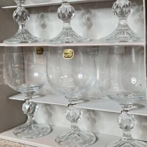 VTG BOHEMIA Crystal 5.75" CLAUDIA Leaded Wine Glass Faceted Ball Stem Set 6✨️NEW